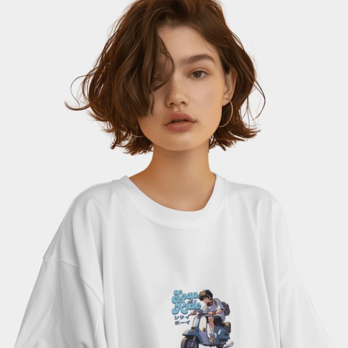 Oversized White Tee – Boy on Bike